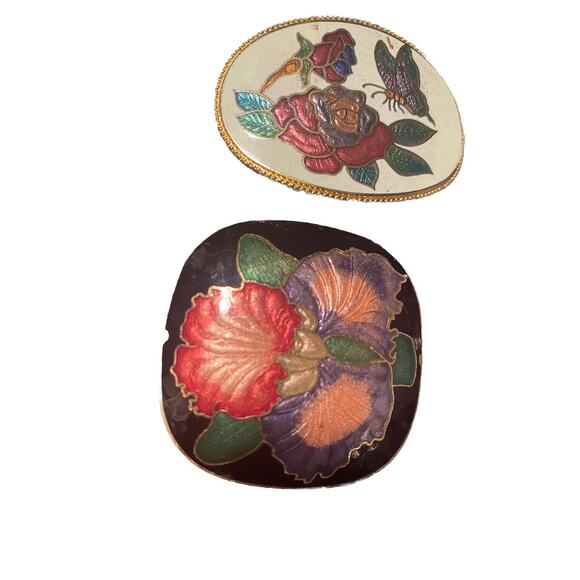 Vintage 1970's Butterfly & Rose Cloisonné Enamel Belt Buckle Bundle 2-3” Boho - Picture 3 of 4
